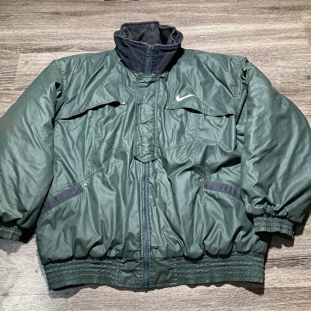 Vintage Nike Jacket Mens XL Green Big Swoosh 90s Snow Packable Hood